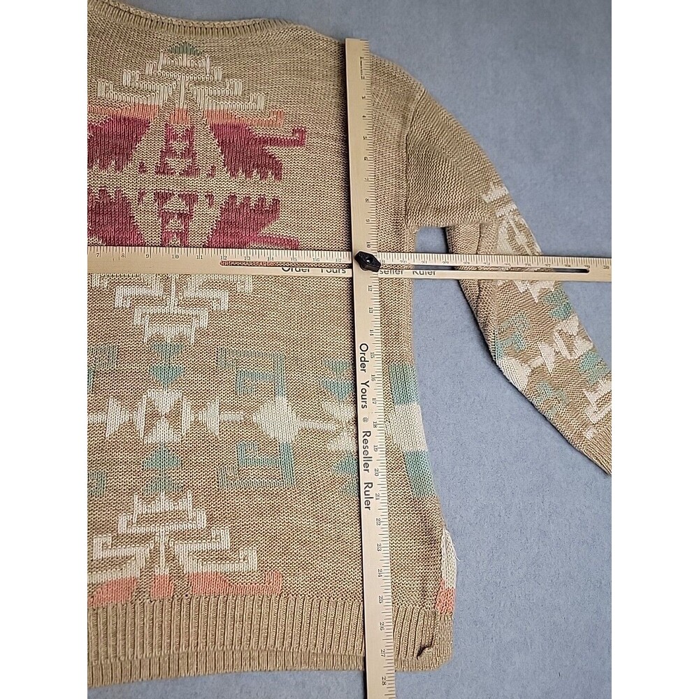 LRL Sweater Womens L Brown Green Pullover Cotton Linen Knit Aztec Preppy Cottage - Picture 13 of 15